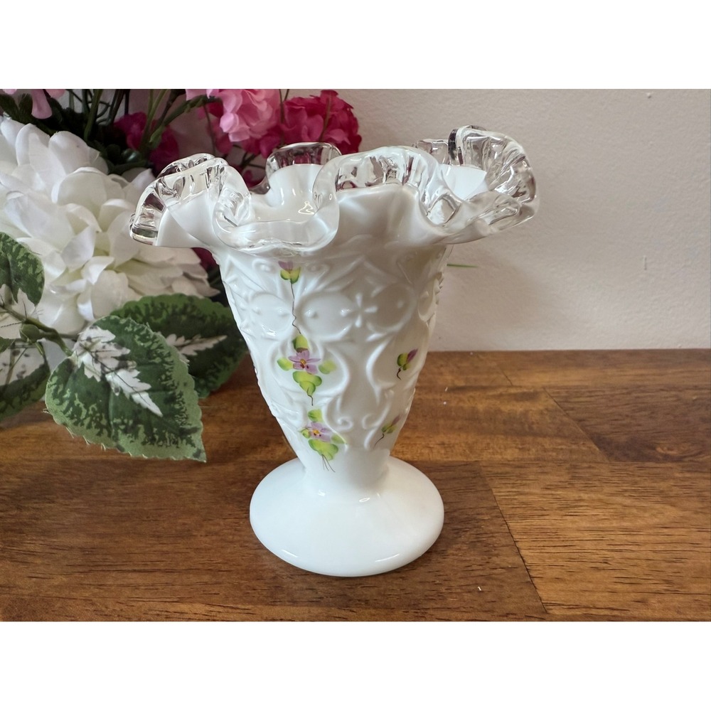 Fenton Hand Painted Milk Glass Vase Signed J. Wilson Ruffled Edge Crest Floral